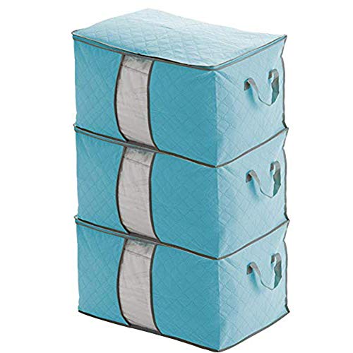 Ihomepark Almacenamiento de Edredones Bolsa - 3 Piezas Plegable Ropa Organizador, para la Organización Guardarropa, Manta, Almacenaje de la Ropa (Azul)