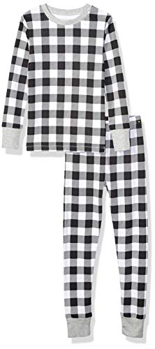 Amazon Essentials Long-Sleeve Tight-Fit 2-Piece Pajama Set Sets, Black and White Buffalo Check, XS