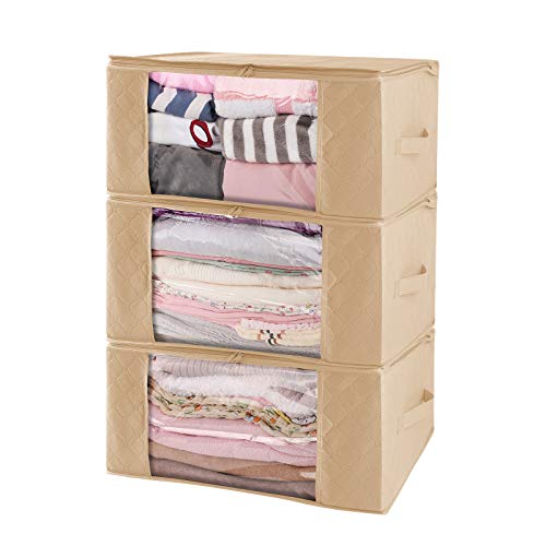 LEOCLOTHO Bolsa de Almacenamiento 3 Piezas Plegable Ropa Organizador con Cremalleras para Manta Almacenaje de la Ropa Edredones Juguetes Beige