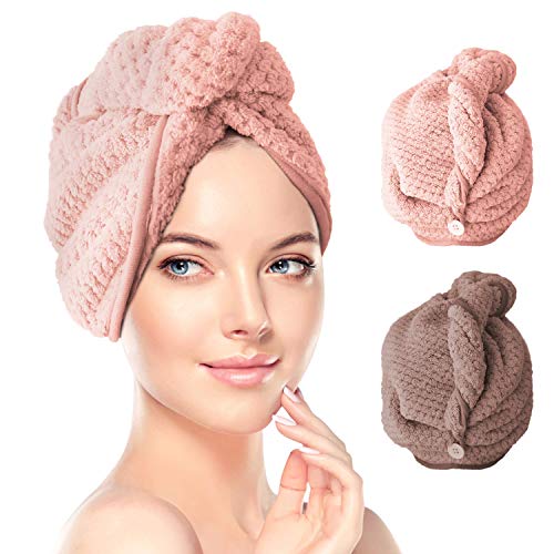 Toallas de Baño 2 pcs Turbante del Abrigo de Pelo Secado Rápido de Microfibra Suave Absorbentes de Agua Pelo Seco Capucha Bañera Ducha Toalla Turbante con Botón (Marrón & Rosado)