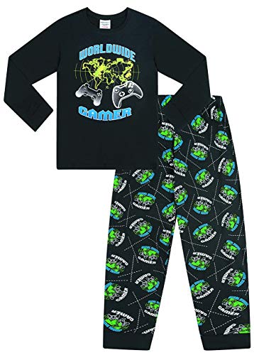 Pijama Largo de The Pyjama Factory World Wide Gamer Gaming All Over Gaming, de algodón Negro y Verde Negro Negro (11-12 Años