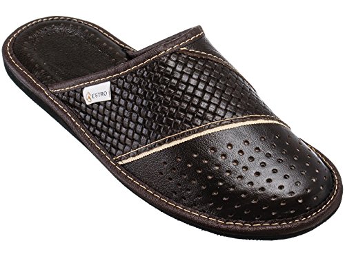 ESTRO Zapatillas De Casa De Hombre Pantuflas Casa Hombre Piel Genuina M66 (45, Marrón)