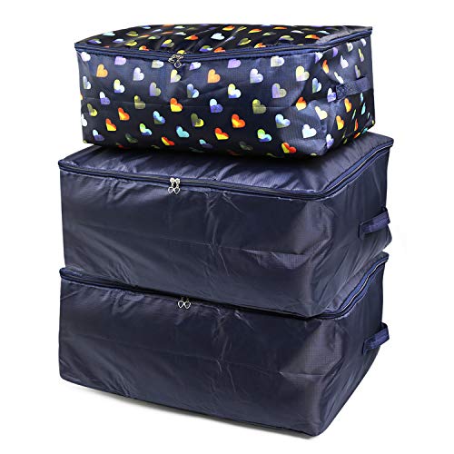 NEWSTYLE Bolsas de Almacenamiento Debajo de la Cama,3 Piezas Almacenamiento de Ropa Bolsa, Bolsa Plegable Organizador para Guardar la Ropa, edredones, Ropa de Cama, Almohadas, Mantas-Azul Oscuro
